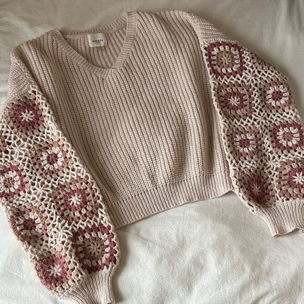 Andrew by Unit Crochet Sleeve Sweater - Cream and Pink